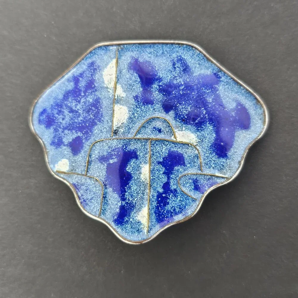 Abani Tie Blue‎ Enamel Clip On Pin Cloisonne Modernist MCM Art Jewelry Vtg Abana